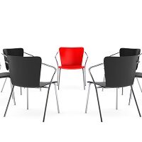 Business large meeting. Chairs arranging round with Boss Chair on a white background. 3d rendering